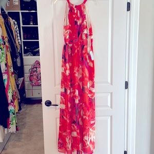 NWT Eliza J Halter Gown, Size 10. Multi colored pinks.
